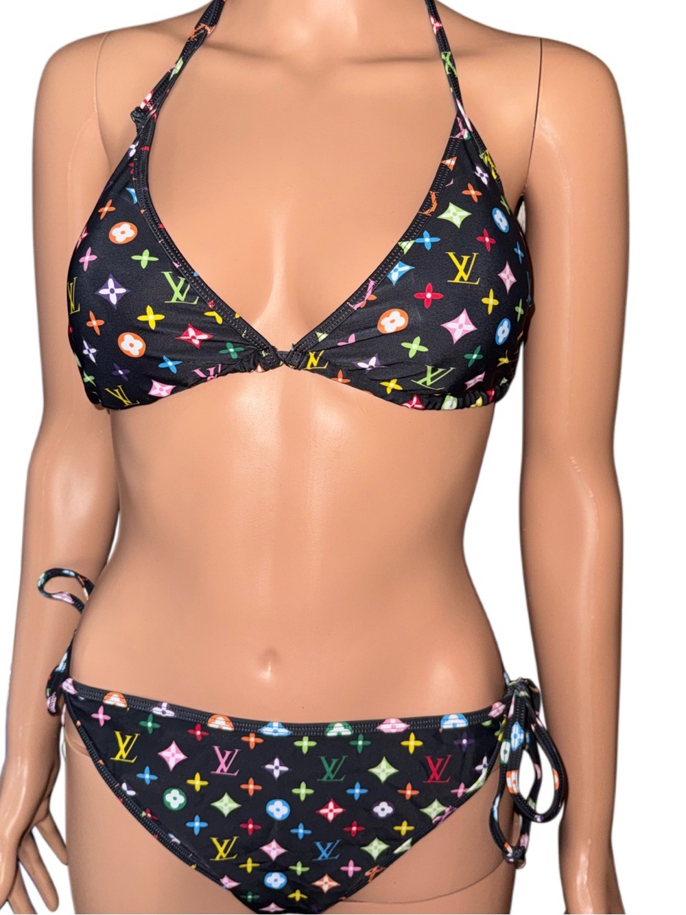 Colorful Monogram Print Triangle Bikini Set